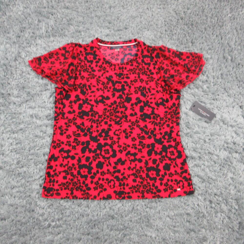 Tommy Hilfiger Shirt Womens L Red Floral Jersey Stretch Crew Neck Easy Care NWT